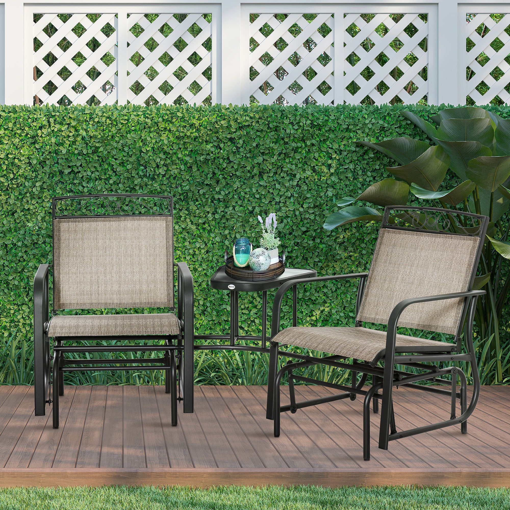 Outsunny Outdoor Glider Bench with Coffee Table, Patio 2-Seat Rocking Chair Swing Loveseat with Breathable Sling, Brown