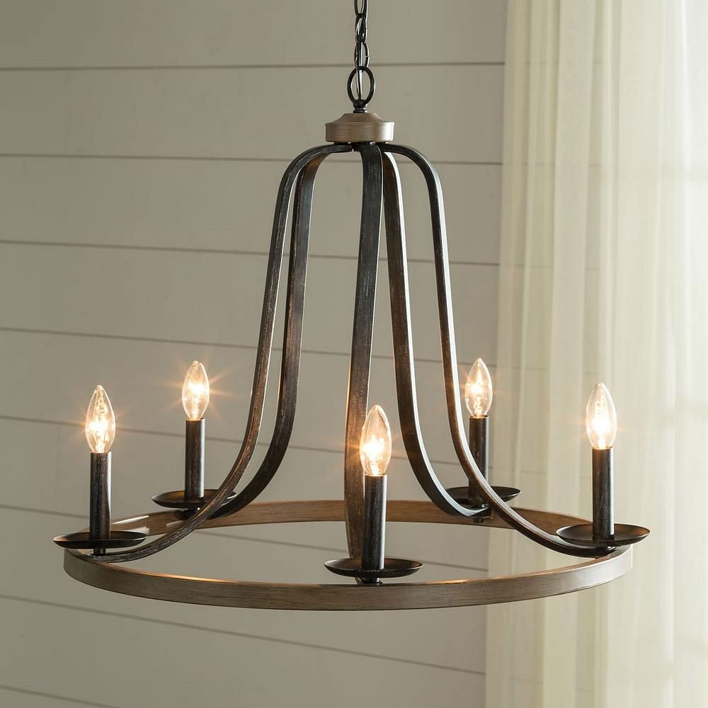 Rustic 5 Light Dimmable Farm Home Circle Metal Chandelier Oak Finish - Free Shipping