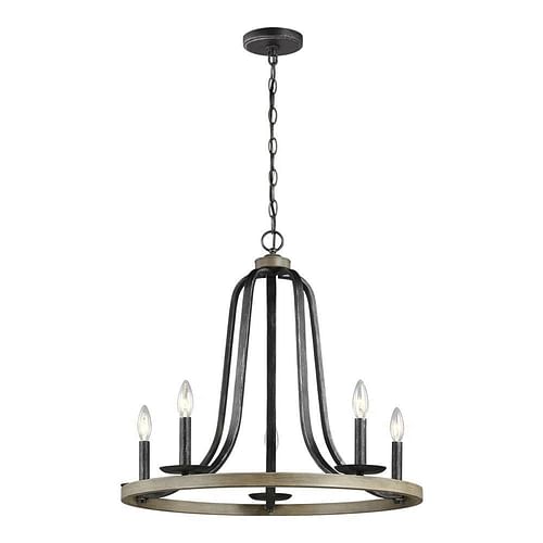 Rustic 5 Light Dimmable Farm Home Circle Metal Chandelier Oak Finish - Free Shipping