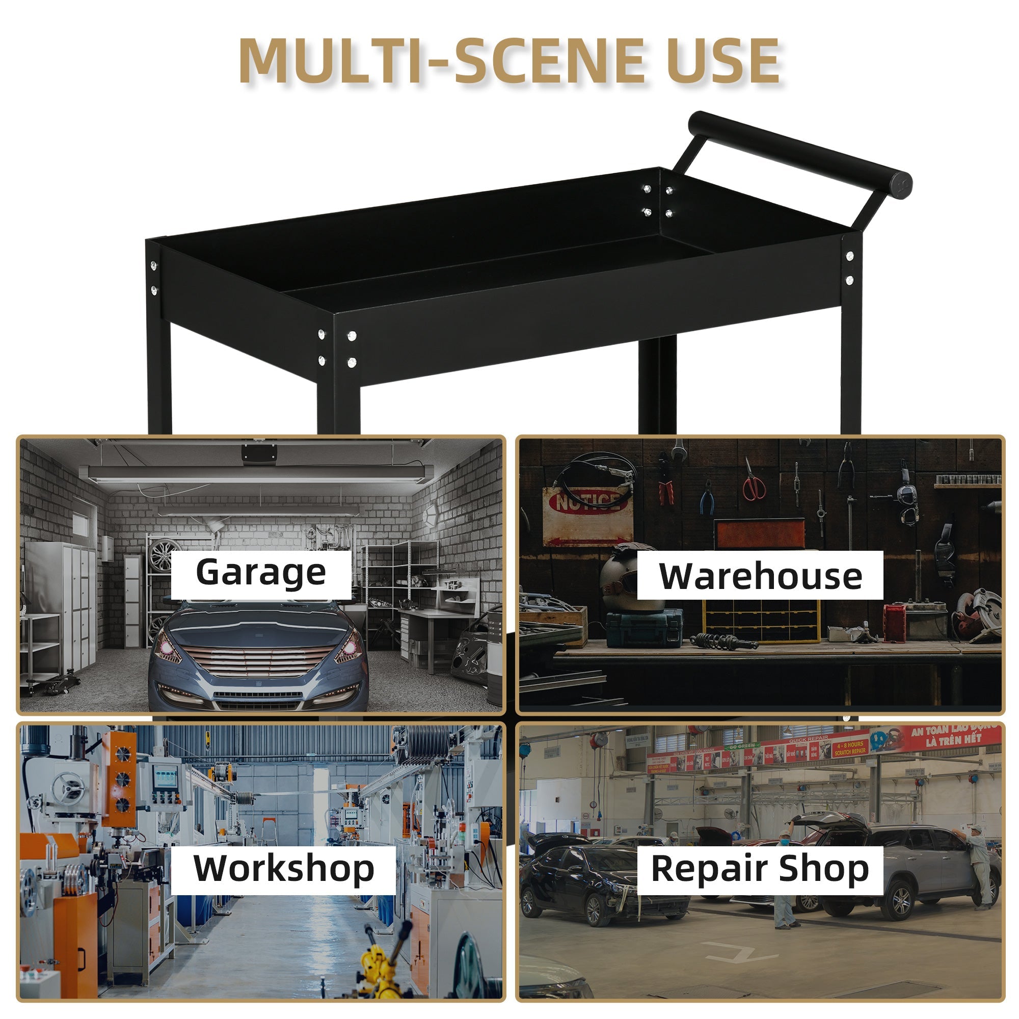 DURHAND Mobile Tool Station: 2-Tier Rolling Steel Utility Cart with 330lbs Capacity for Workshops & Garages, Black