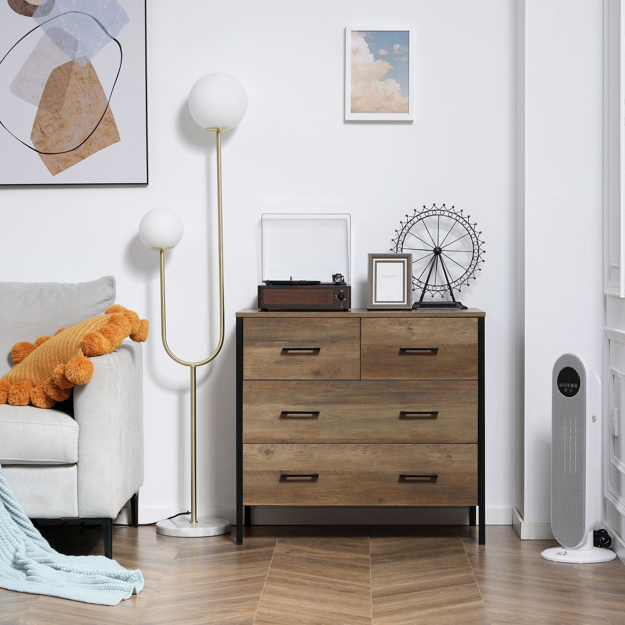 HOMCOM Rustic 4 Drawer Dresser with Metal Frame Handles Chest of Drawers for Living Room Bedroom Storage Brown