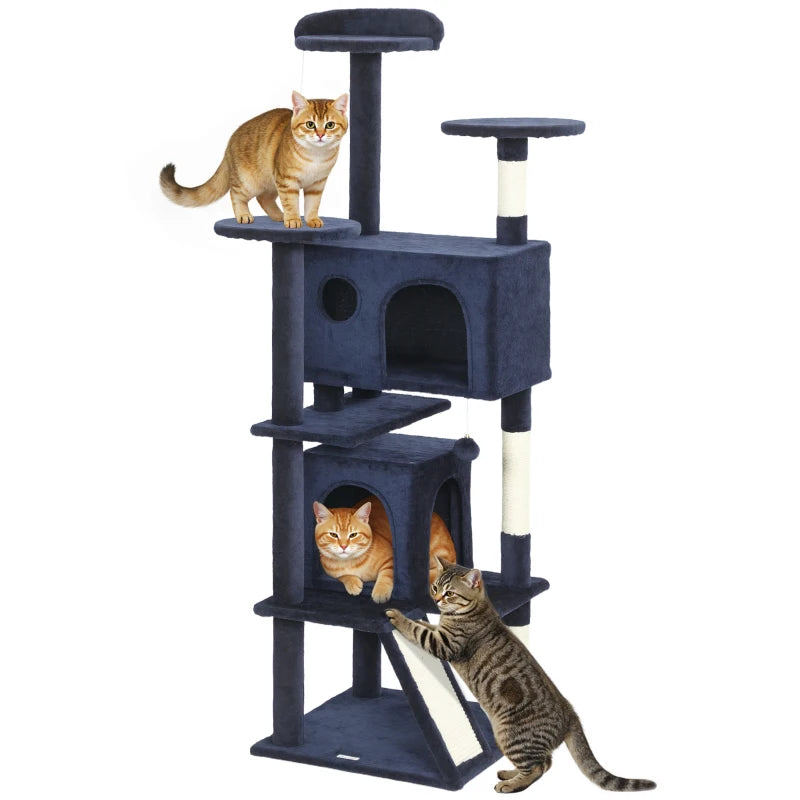 63" Cat Tree, Multi-Level Cat Tower with Scratching Posts, Cat Condos, Bed, Platforms, Ramp, Toy Ball, Dark Blue