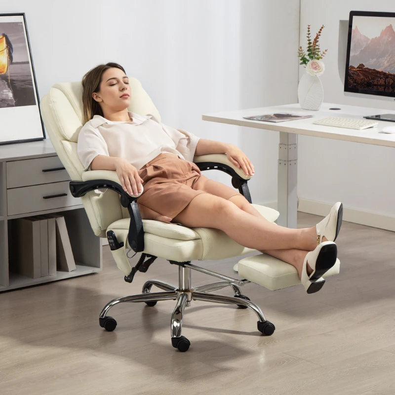 Massage Office Chair, Reclining Executive Office Chair with 6-Point Vibration, Footrest and High Back, White