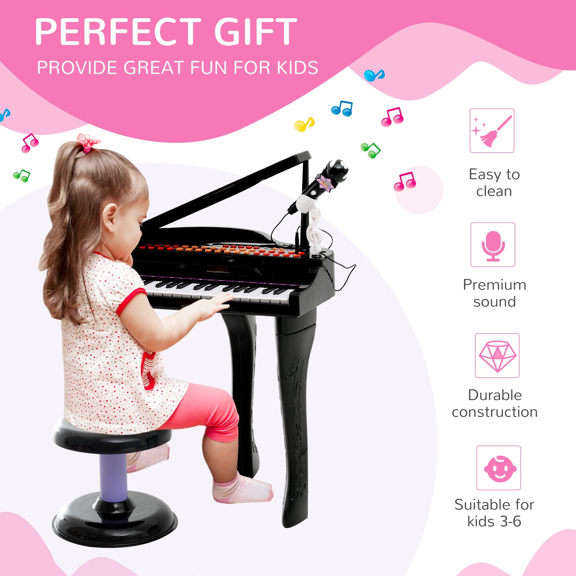 Qaba Mini Electronic Musical Piano 37 Key Keyboard Multifunction Kids Toy w/ Microphone Stool (Black)