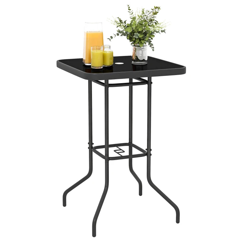 Outdoor Bar Table with Umbrella Hole, 41.3" Bar Height Patio Table with Glass Top and Metal Frame, Black