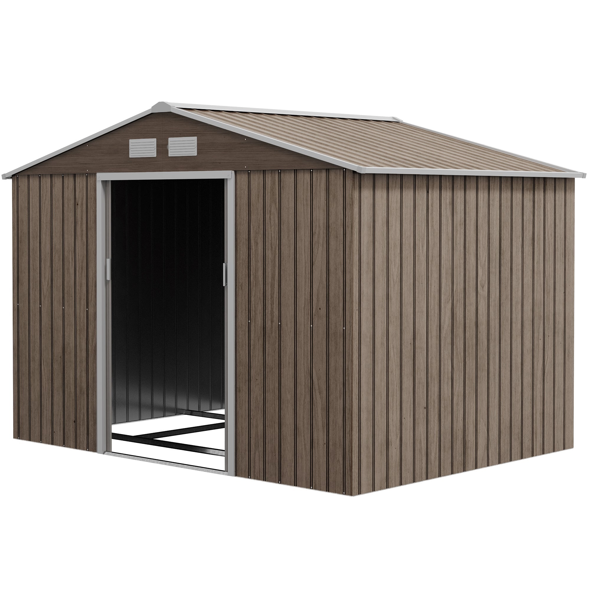 Outsunny 9.1'x6.4'x6.3' Garden Storage Shed w/ Floor Foundation Metal Tool Storage House w/ Double Doors Distressed Light Brown