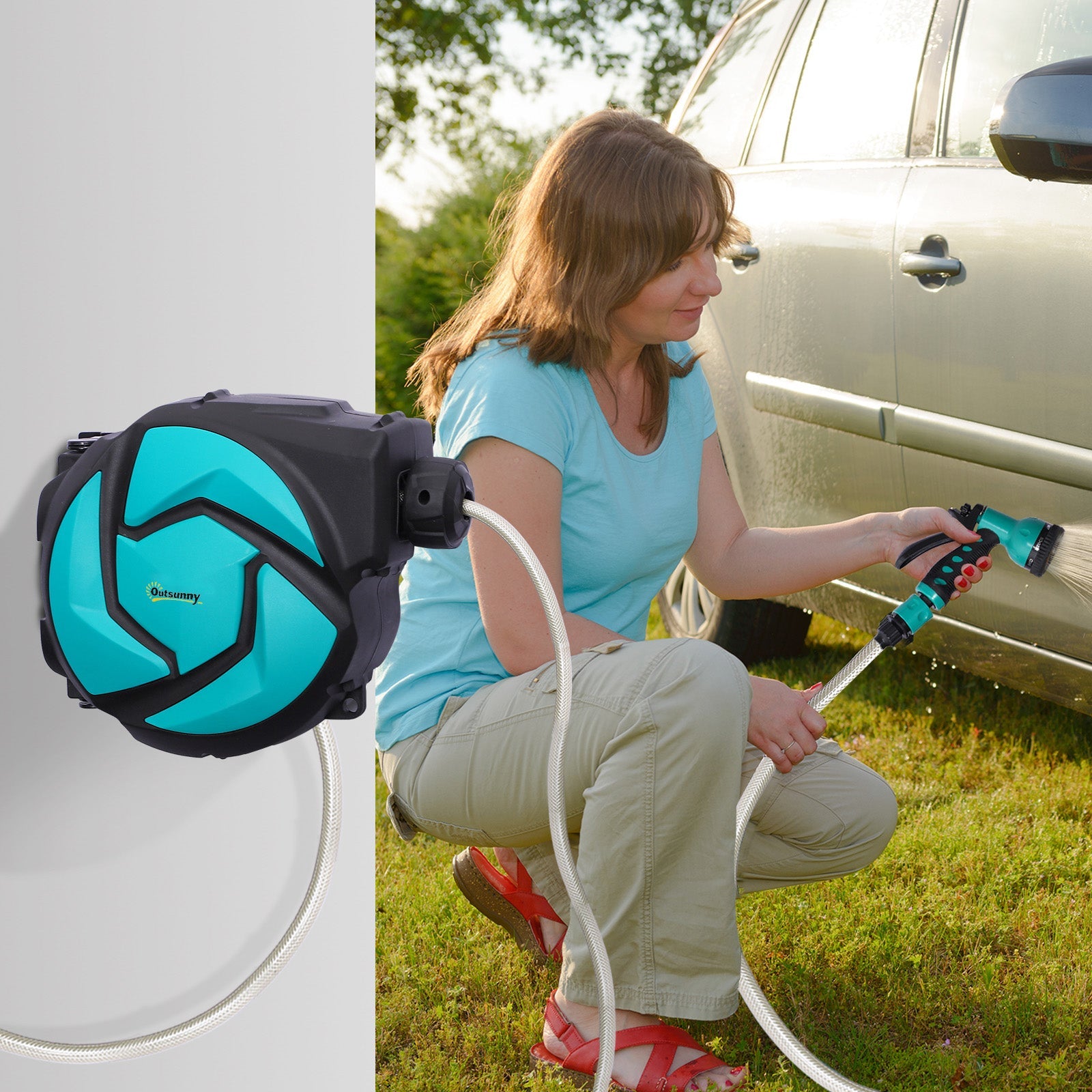 Outsunny Hose Reel, 33 ft Retractable Garden Hose, Hose Reel Wall Mounted, Water Hose Reel Automatic Rewind, Dark Grey