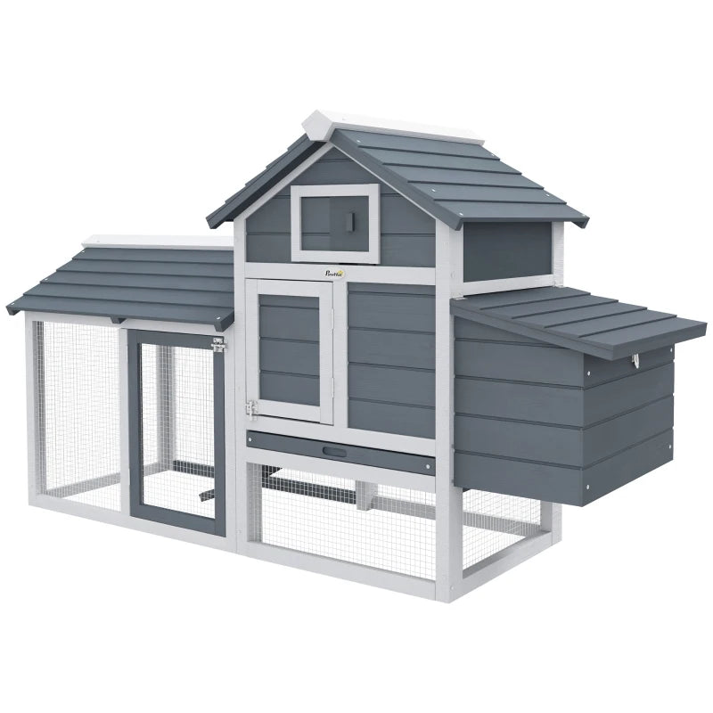 60" Large Chicken Coop Wooden Hen House for Outdoor Backyard with 2 Doors, Nesting Box and Removable Tray, White