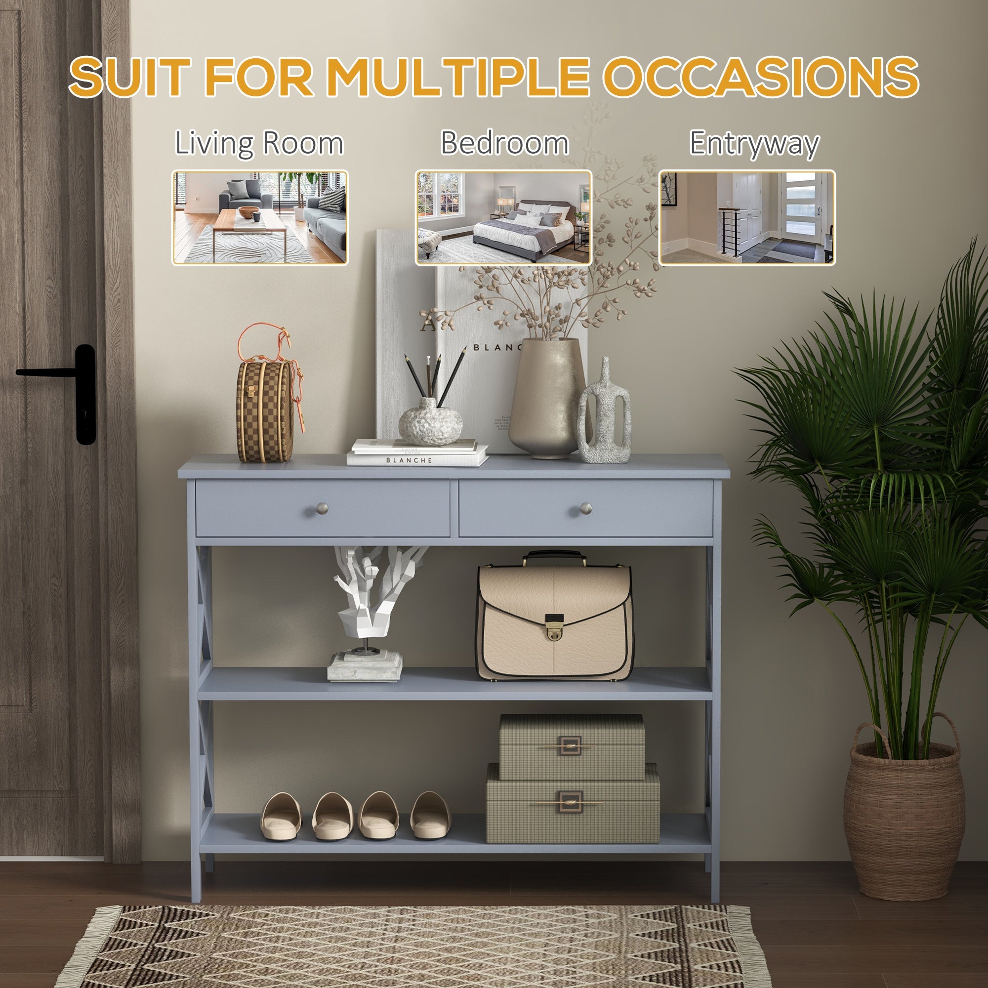 HOMCOM Modern Console Table: Entryway Table with Drawers & Shelves for Living Room/Hallway, Grey