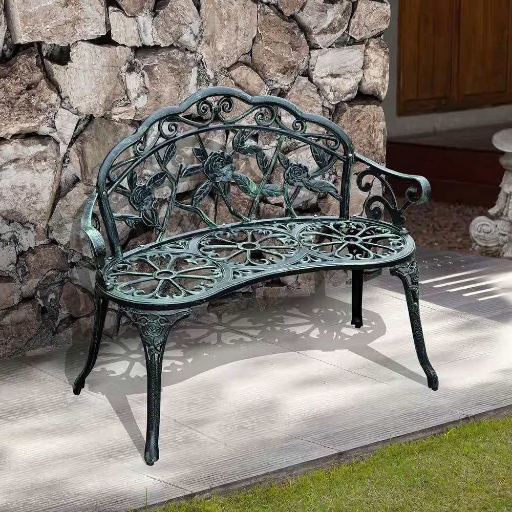 Outdoor Patio 40-inch Garden Bench with Backrest in Antique Green Metal Finish - Free Shipping