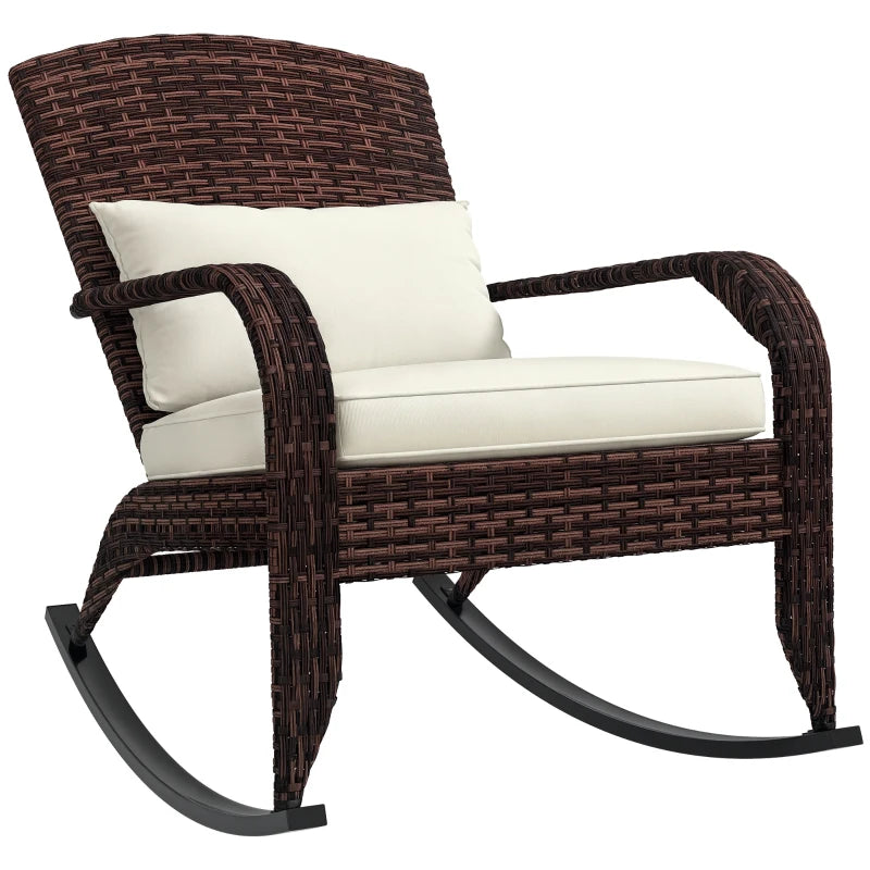 Adirondack Chair, Outdoor Wicker Rocking Chair with High Back, Seat Cushion and Pillow for Porch, Balcony, Cream/Brown