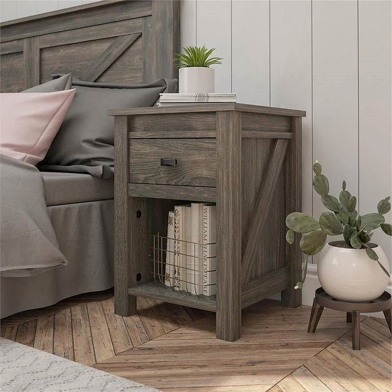 Farmhouse 1-Drawer Bedroom Nightstand with Open Shelf in Rustic Grey Oak - Free Shipping