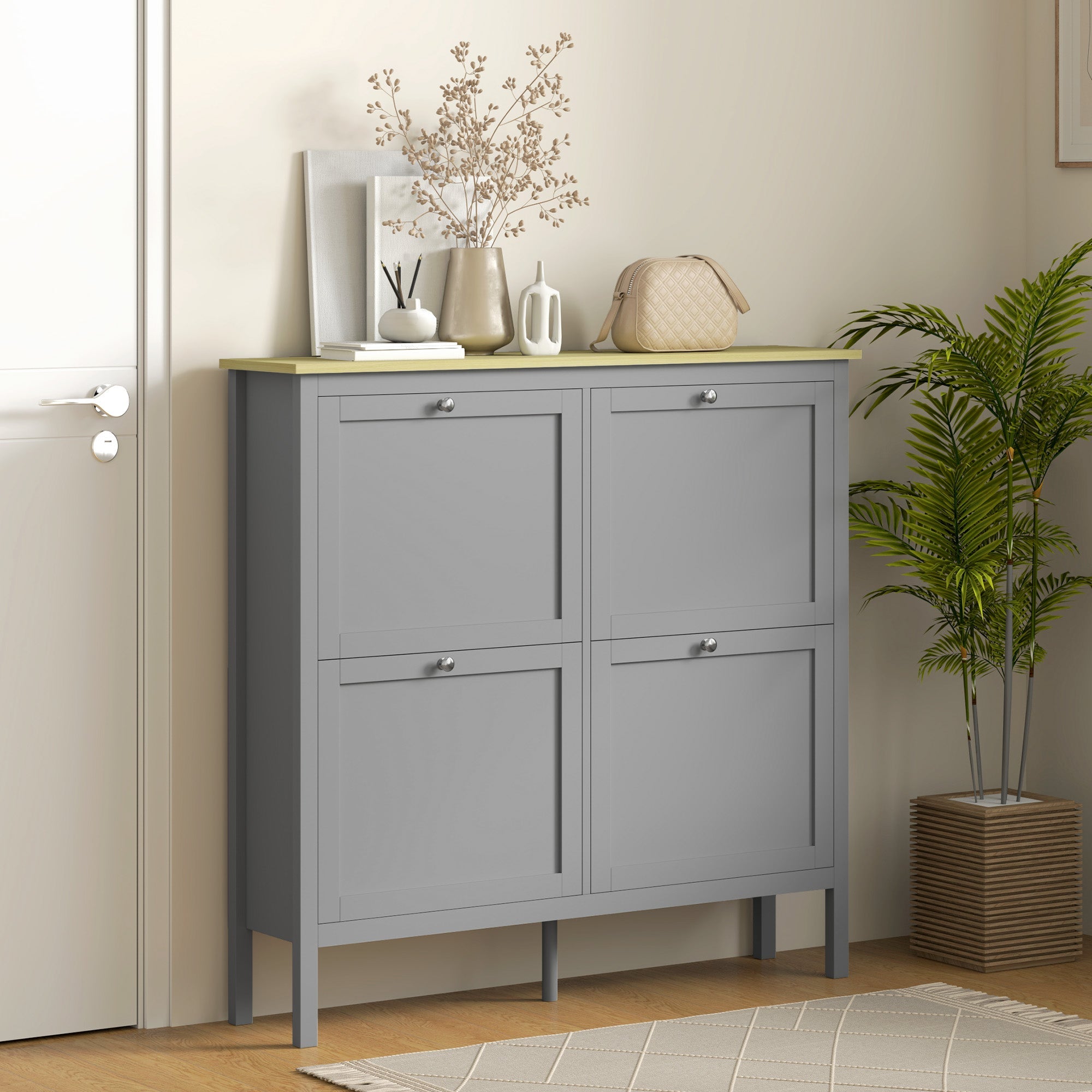 HOMCOM Entryway Shoe Storage Cabinet with 4 Flip Drawers, Adjustable Shelves, Narrow Shoe Cabinet for 20 Pairs of Shoes, Grey