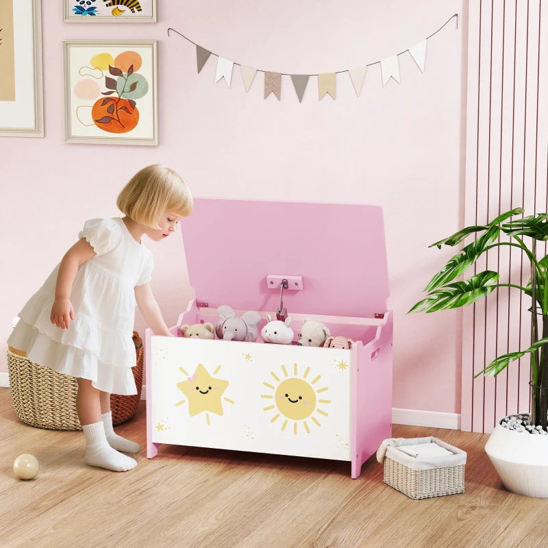 Qaba Toy Chest, Kids Storage Chest with Lid, Safety Hinges and Groove Handles for Boys, Girls, Pink