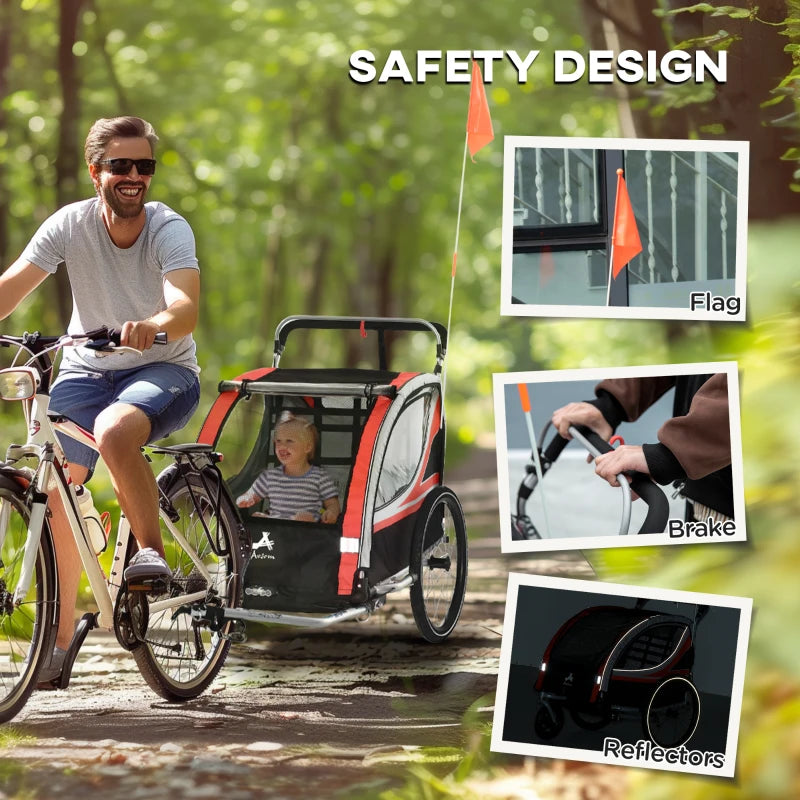 Aosom 3-in-1 Bike Trailer for Kids, Running Stroller with 2 Seats, Jogging Cart with 5-Point Harness, Storage Units, Red