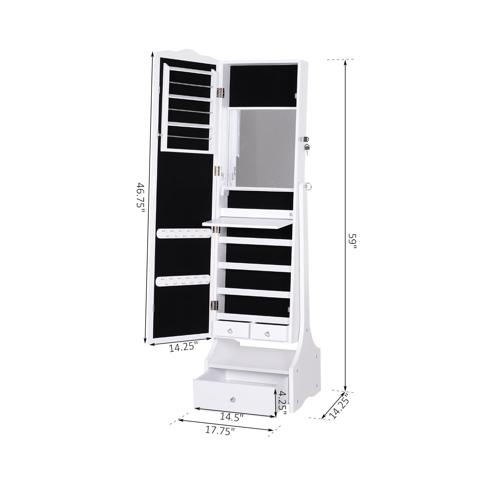 HOMCOM Standing Jewelry Armoire: With LED Lights, Full-Length Mirror, Adjustable Angle, White
