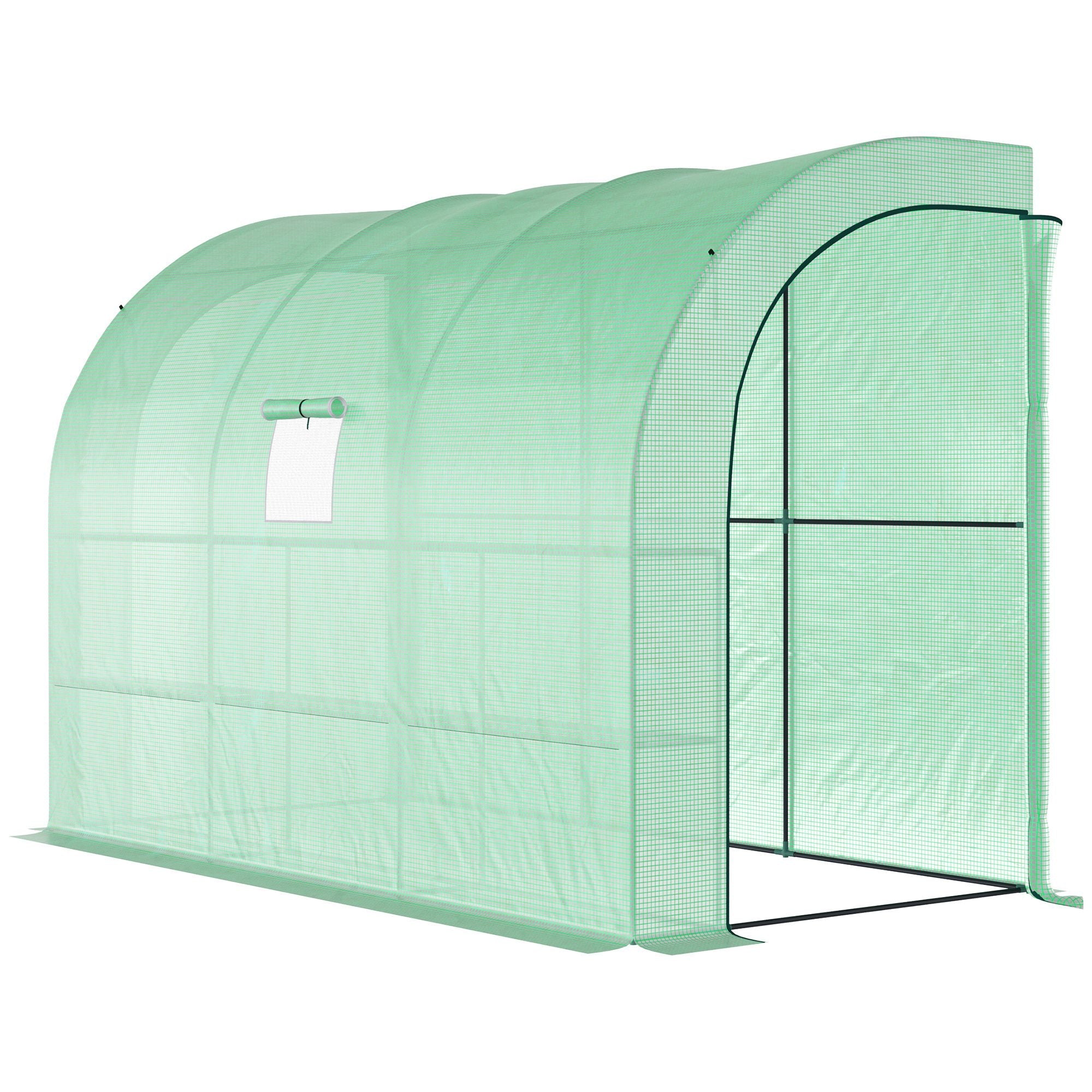 Outsunny Walk-in Wall Lean-to Greenhouse, 10' x 5' x 7' Outdoor Gardening Green House with PE Cover, Windows, Shelves and 2 Zipper Doors, Green