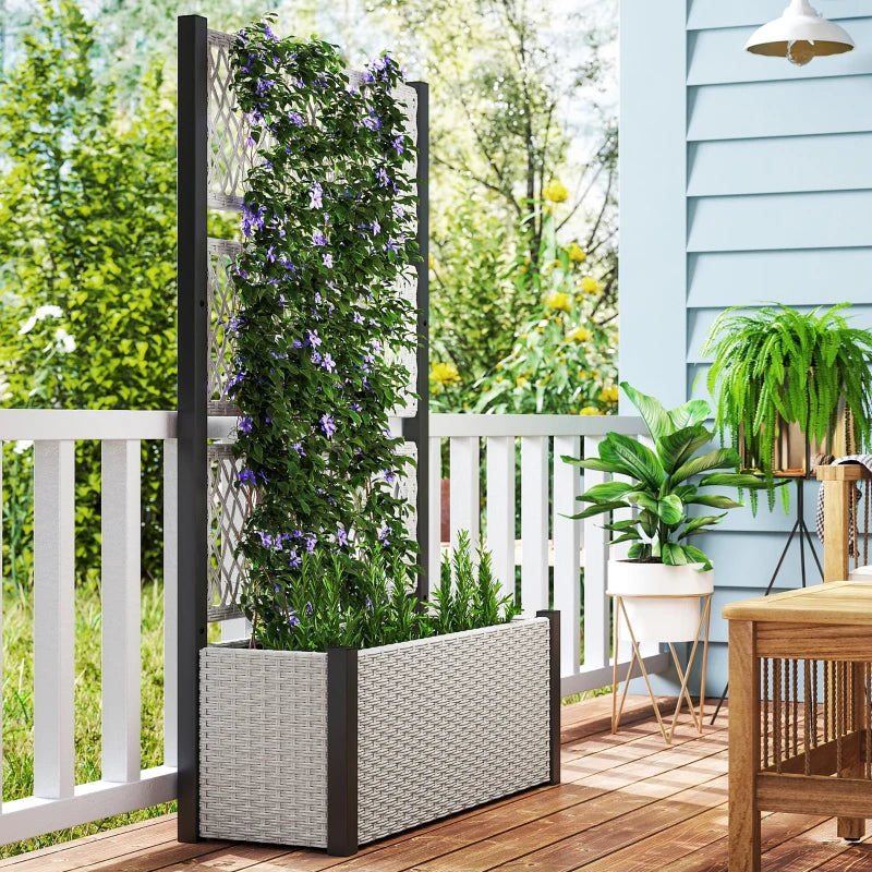 Wicker Outdoor Planter with Trellis, 58" Standing Garden Bed with Liner, Drainage Holes for Climbing Plants, Mixed Grey