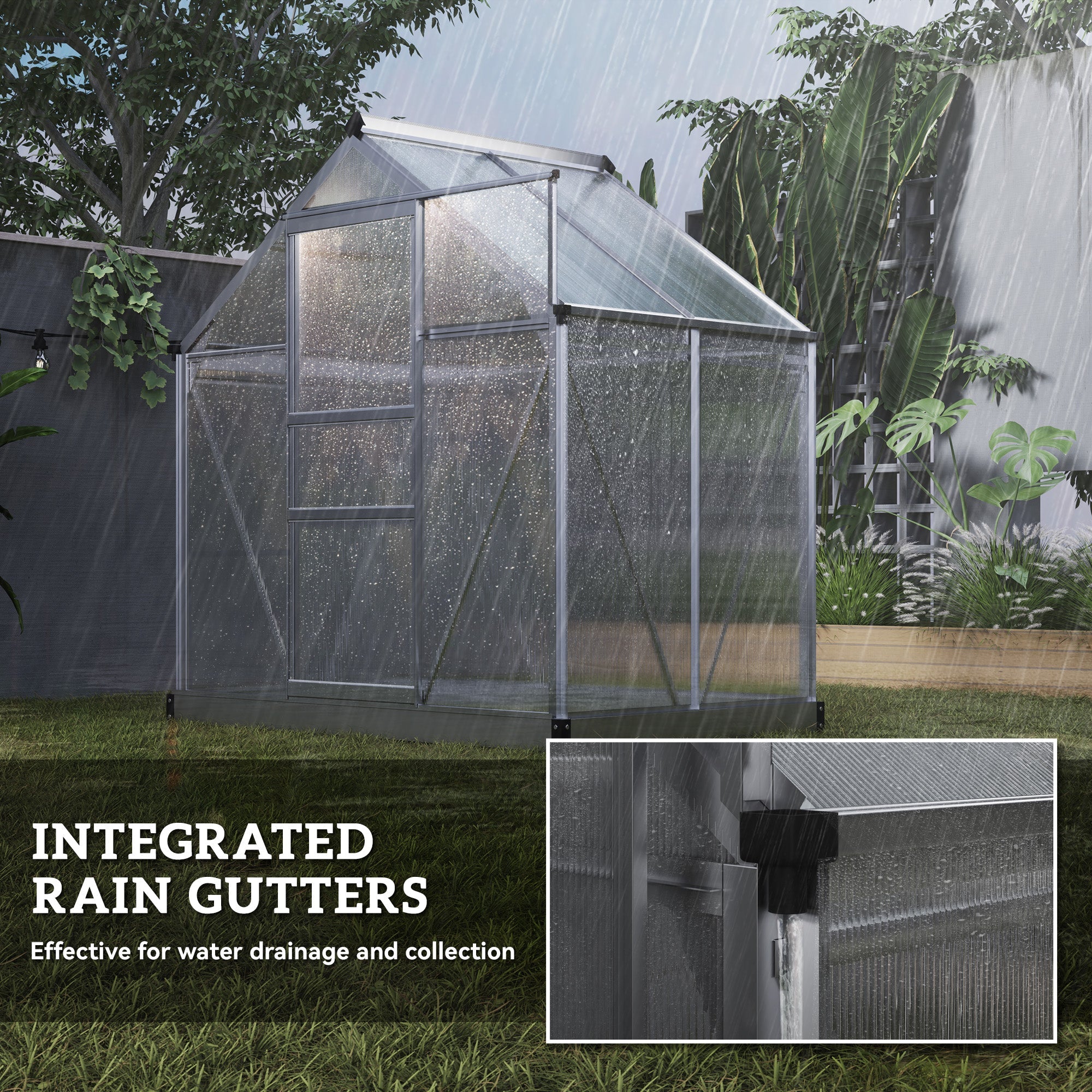 Outsunny 6' x 4' x 6.6' Polycarbonate Greenhouse, Walk-In Green House Kit Garden, Plants Grow, Galvanized Sheet Aluminum Frame with Rain Gutter, Vent and Sliding Door, Silver
