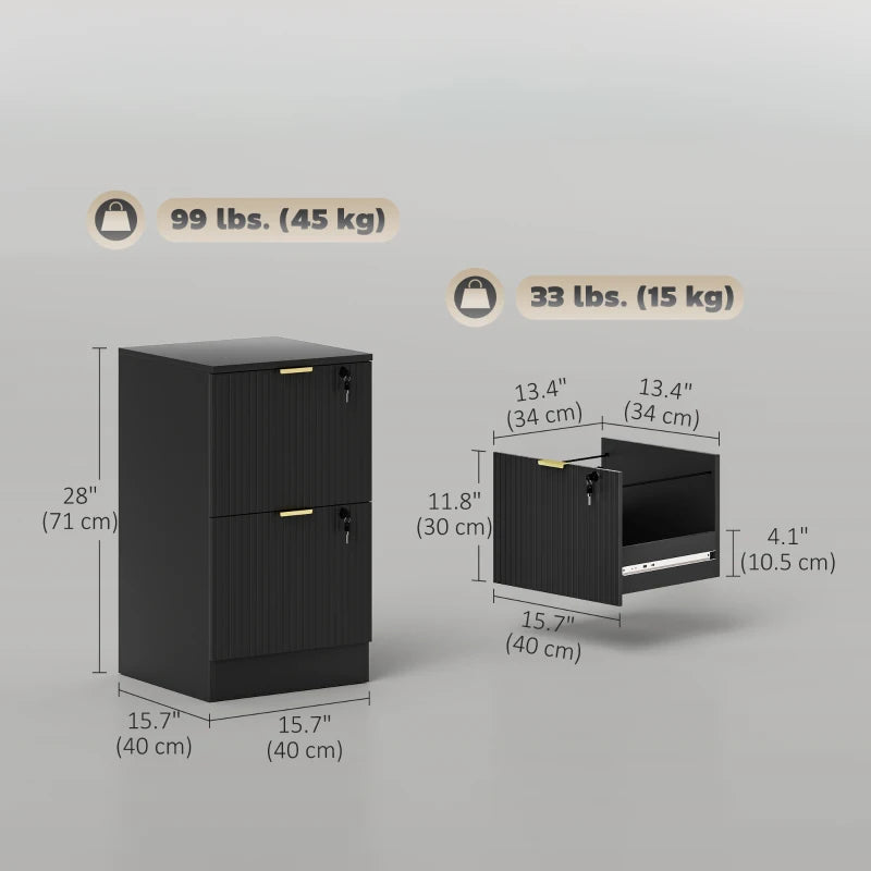 Lockable Filing Cabinet with 2 Fluted Drawers, File Cabinet with Adjustable Hanging Rails for A4 Letter Files, Black