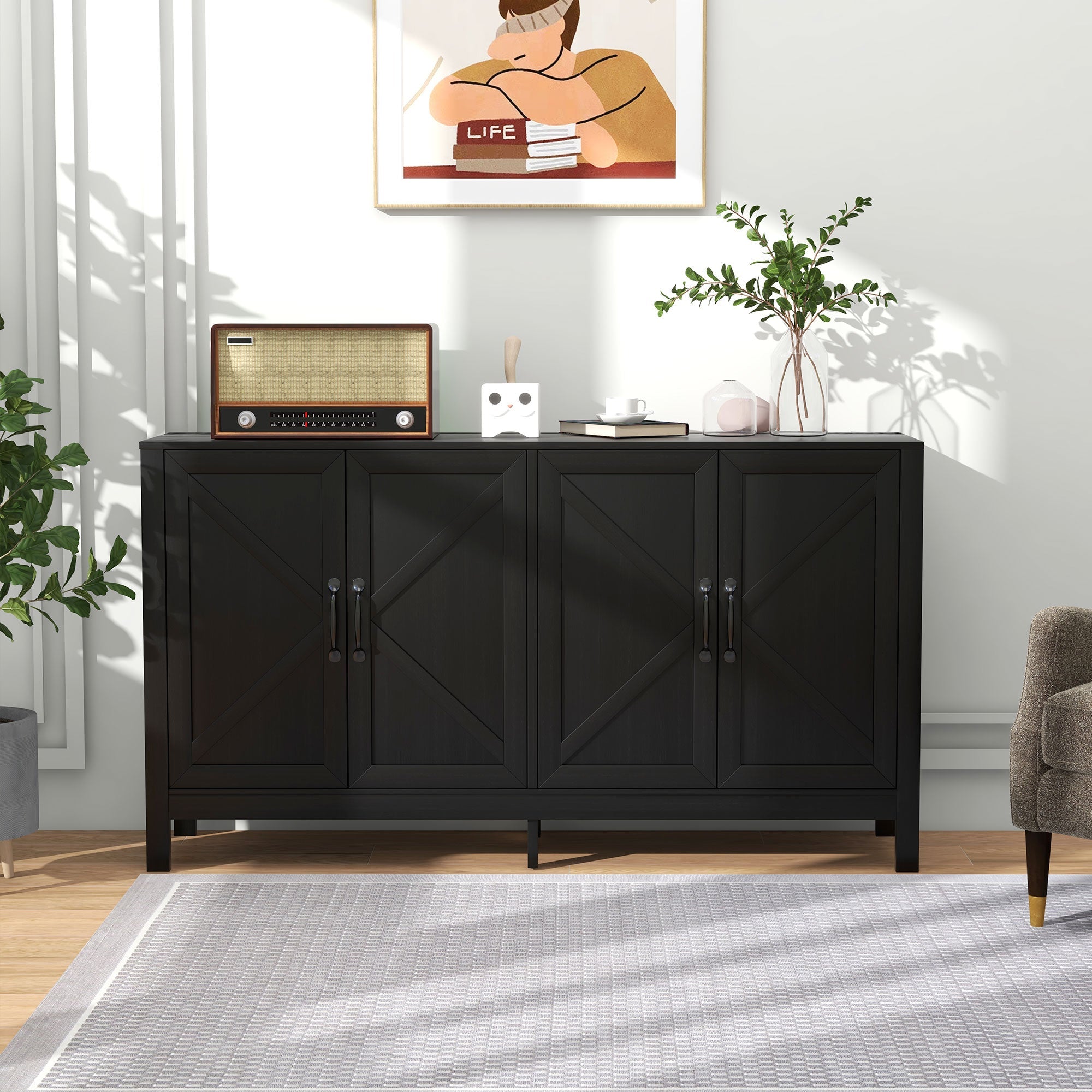 HOMCOM Sideboard Buffet TV Stand Storage Cabinet Barn Door Adjustable Shelf TVs up to 65 Inches Black Oak