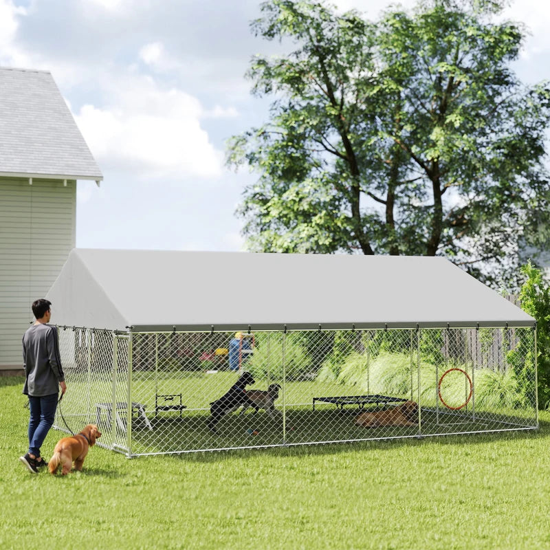 Galvanized Steel Outdoor Dog Kennel with Roof, Safety Locks, for Backyard, 19.7' x 14.8' x 7.9'