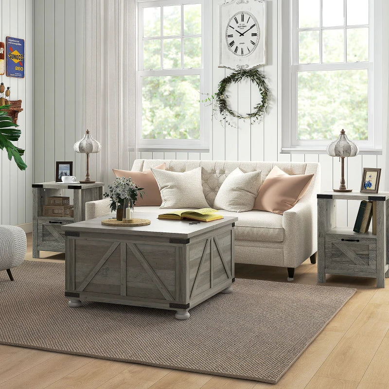 Farmhouse Coffee Table, Square Center Table with Flip-top Lids, Hidden Storage Compartment and Wooden Legs, Distressed Grey