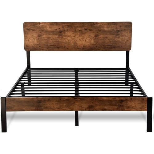 Queen Modern Metal Platform Bed Frame with Rustic Wood Headboard and Footboard - Free Shipping