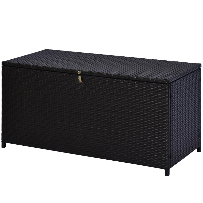 Wicker Outdoor Storage Box, 75 Gallon Deck Box with Gas Strut and Clamp Lid, Rattan Patio Storage Container for Gardening Tools, Pool Supplies, Dark Brown
