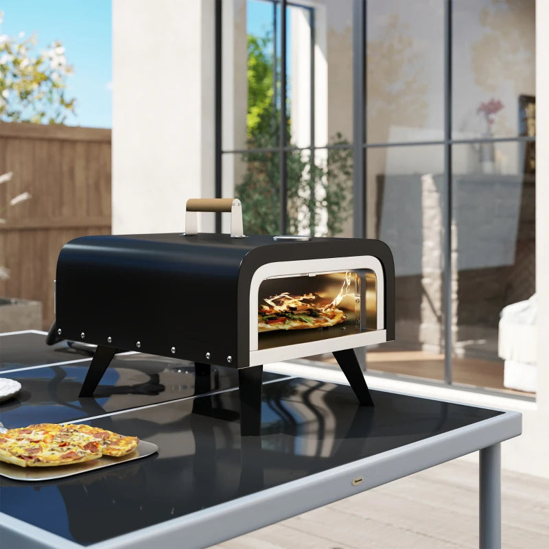 Outdoor Tabletop Gas Pizza Oven with 12" Stone and Peel, Portable Pizza Oven Maker with Thermometer, Foldable Legs, Handle, Gas Hose and Regulator, Black