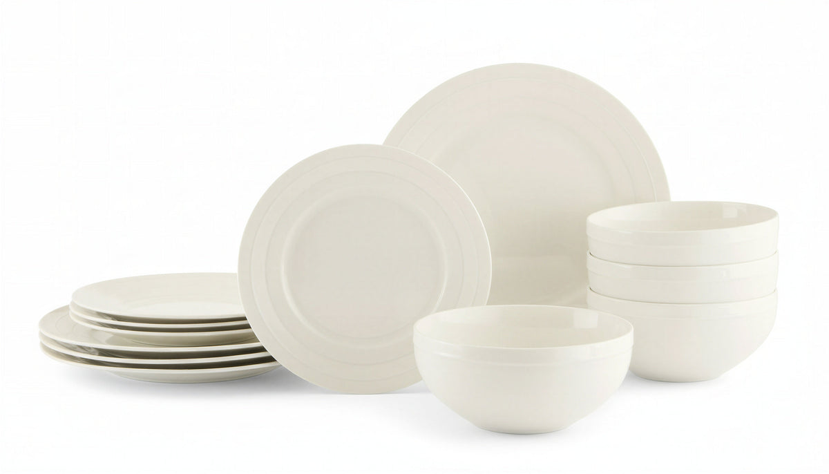 Dinnerware Set, 32-Piece, Bone China, Embossed Round Rim, White – Circa
