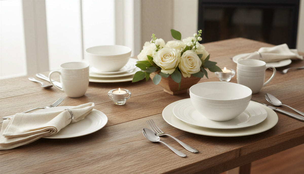 Dinnerware Set, 32-Piece, Bone China, Embossed Round Rim, White – Circa
