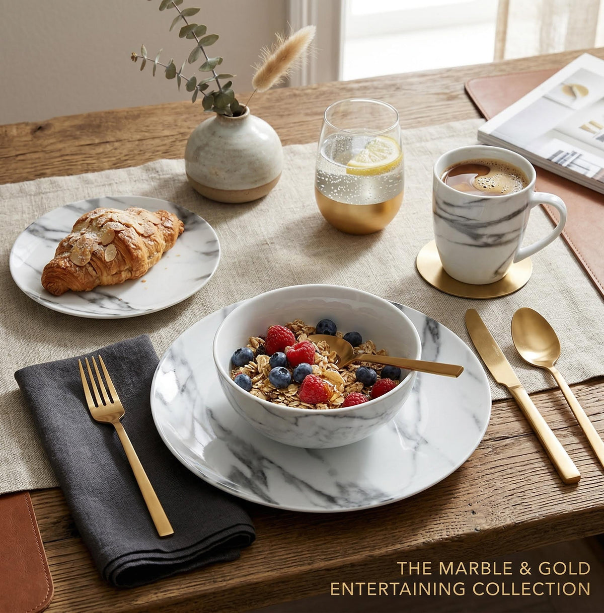 Dinnerware Set with Gold Flatware, Porcelain, 16-Piece Dinnerware, Grey Marble Look – Marble