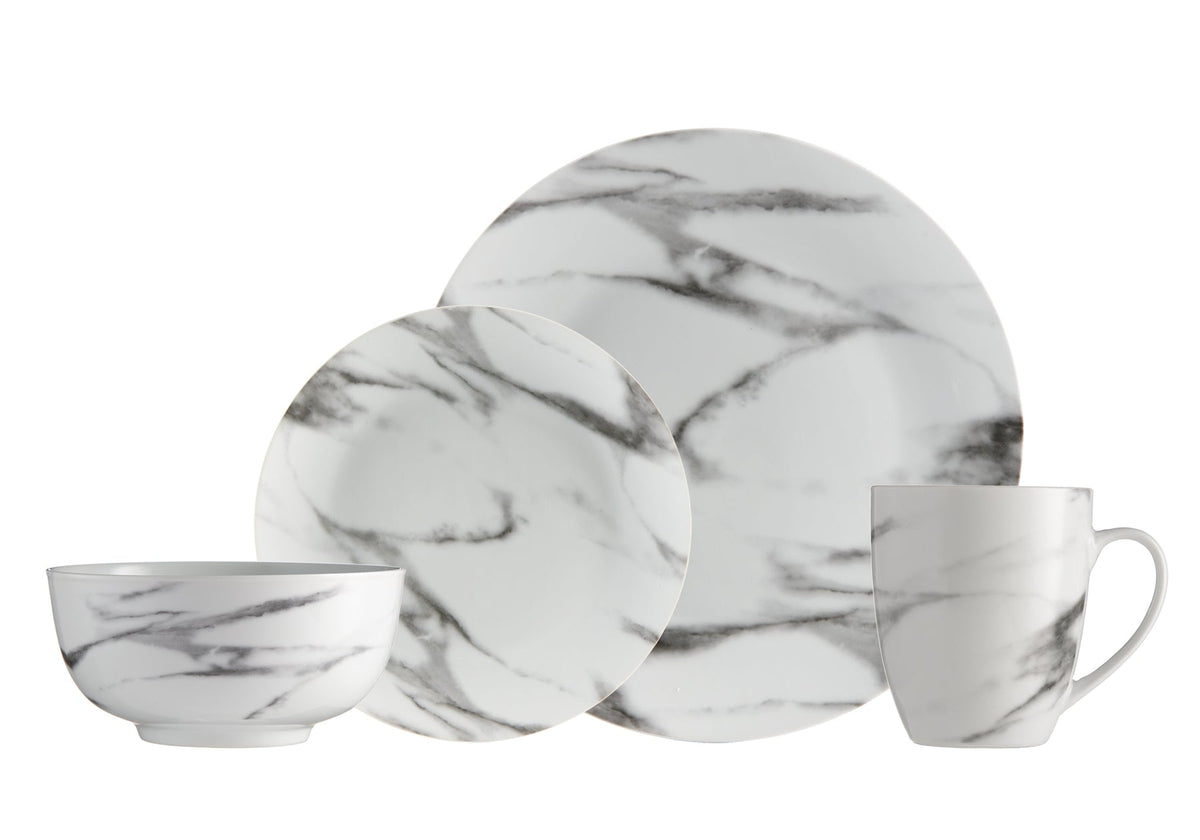Dinnerware Set with Gold Flatware, Porcelain, 16-Piece Dinnerware, Grey Marble Look – Marble