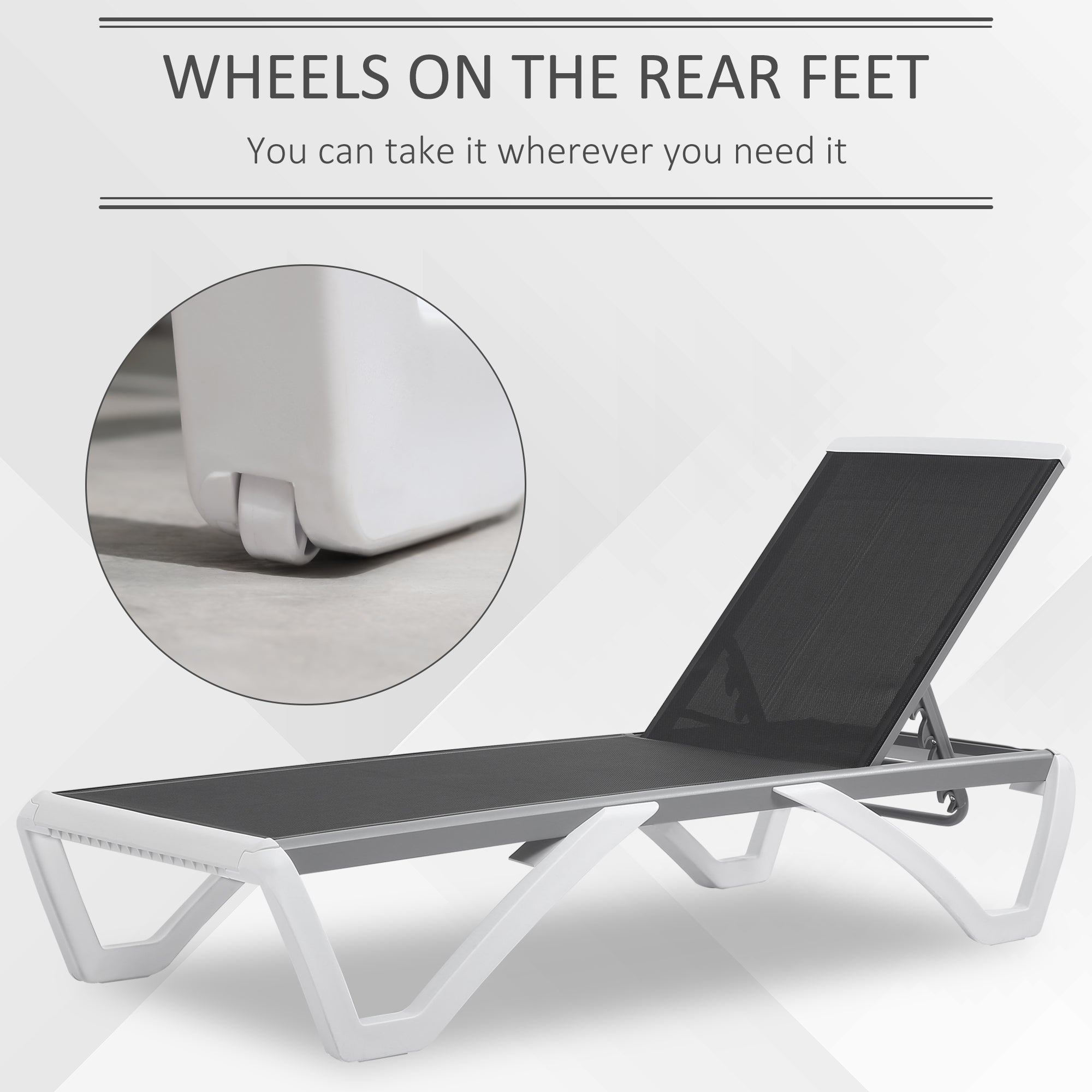 Outsunny Outdoor Chaise Lounge Chair Portable with Adjustable Back Wheels Breathable Mesh Fabric Black