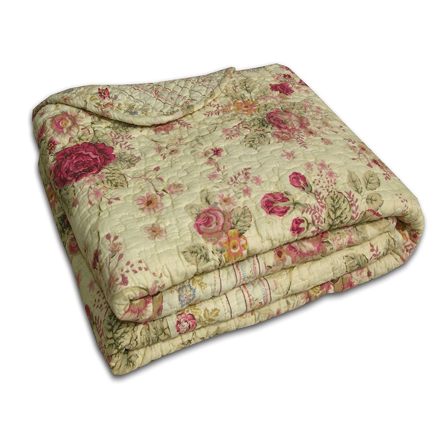 Red Pink Gold Ecru Floral Roses Quilt Throw Blanket in 100% Cotton - Free Shipping