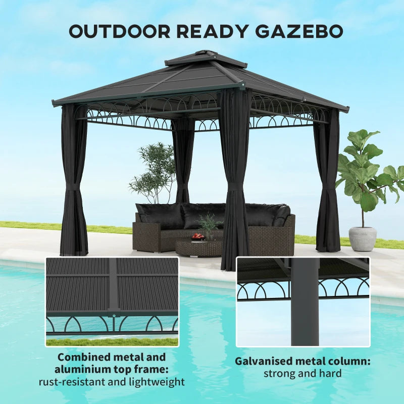 9' x 10' Outdoor Hardtop Gazebo Canopy w/ Double PC Roof, Steel Frame, Nettings, Curtains for Garden Lawn Deck, Black