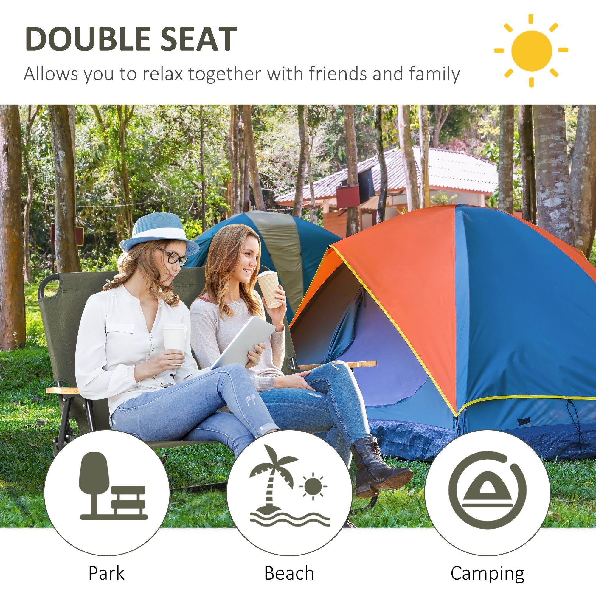 Outsunny Double Folding Loveseat Camping Chair Portable Outdoor 2 Person Wood Armrest Fishing Travel Green