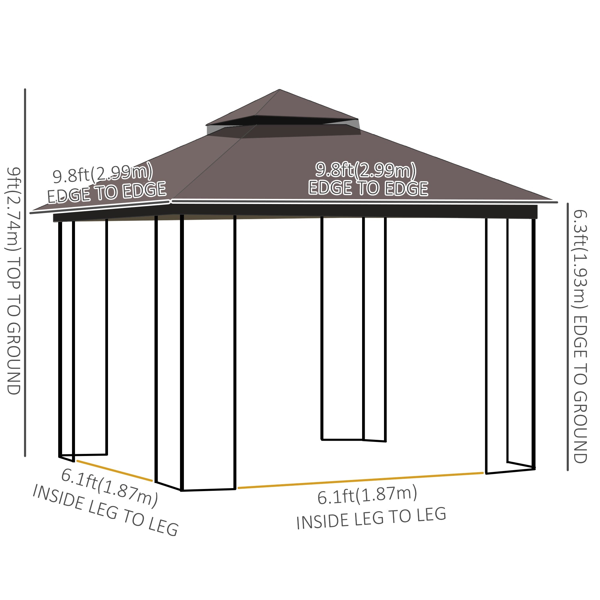 Outsunny 10'x10' Soft-top Patio Gazebo Deck Canopywith Double Tier Roof, Removable Mesh Curtains, Display Shelves, Top Hooks, Coffee