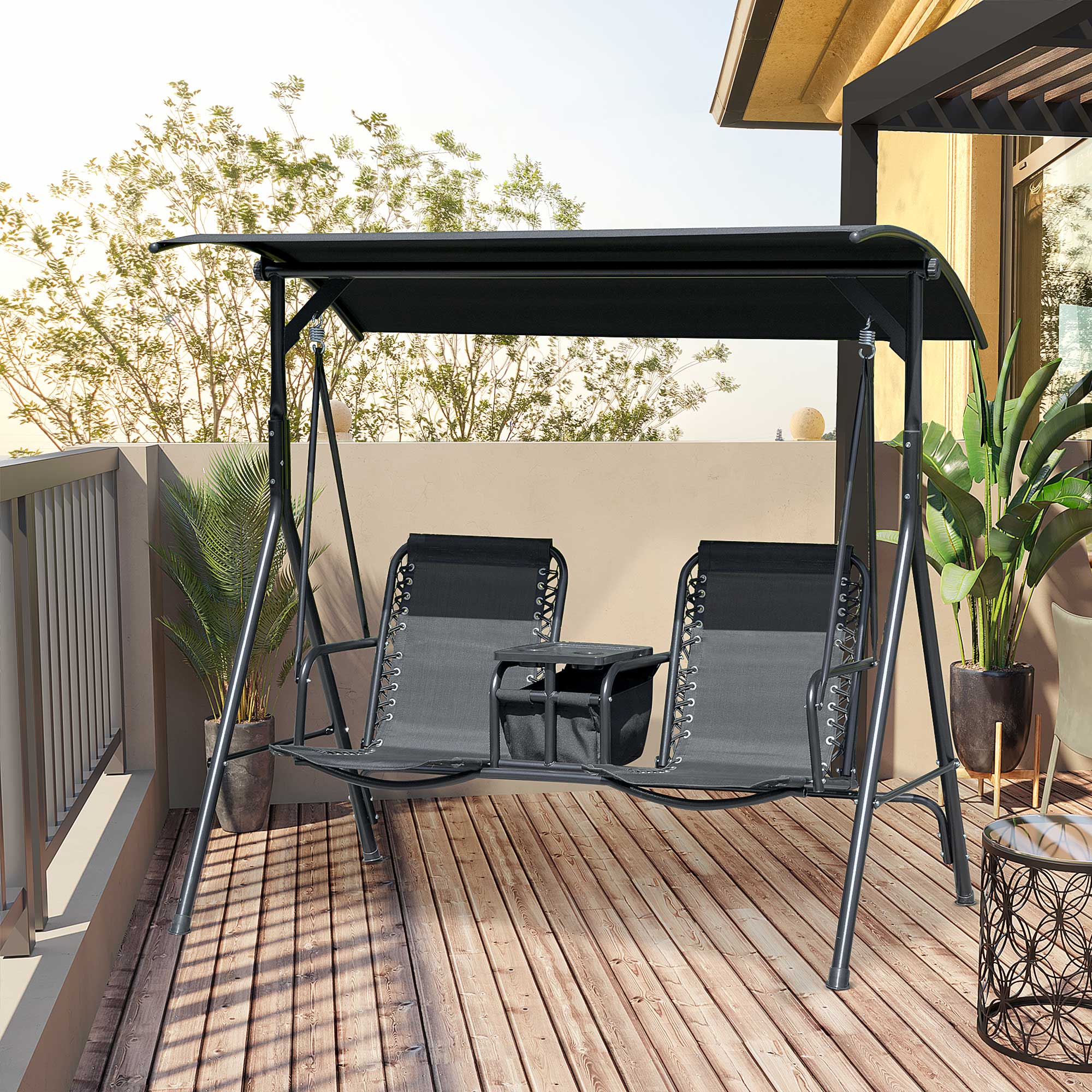 Outsunny 2 Person Covered Porch Swing Patio Swing with Pivot Storage Table, Cup Holder, & Adjustable Overhead Canopy, Black