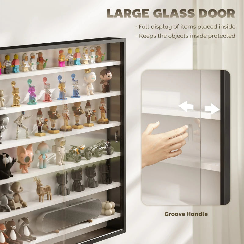 7-Tier Display Cabinet, Shot Glass Display Case, Glass Curio Cabinet with Glass Doors, Black and White