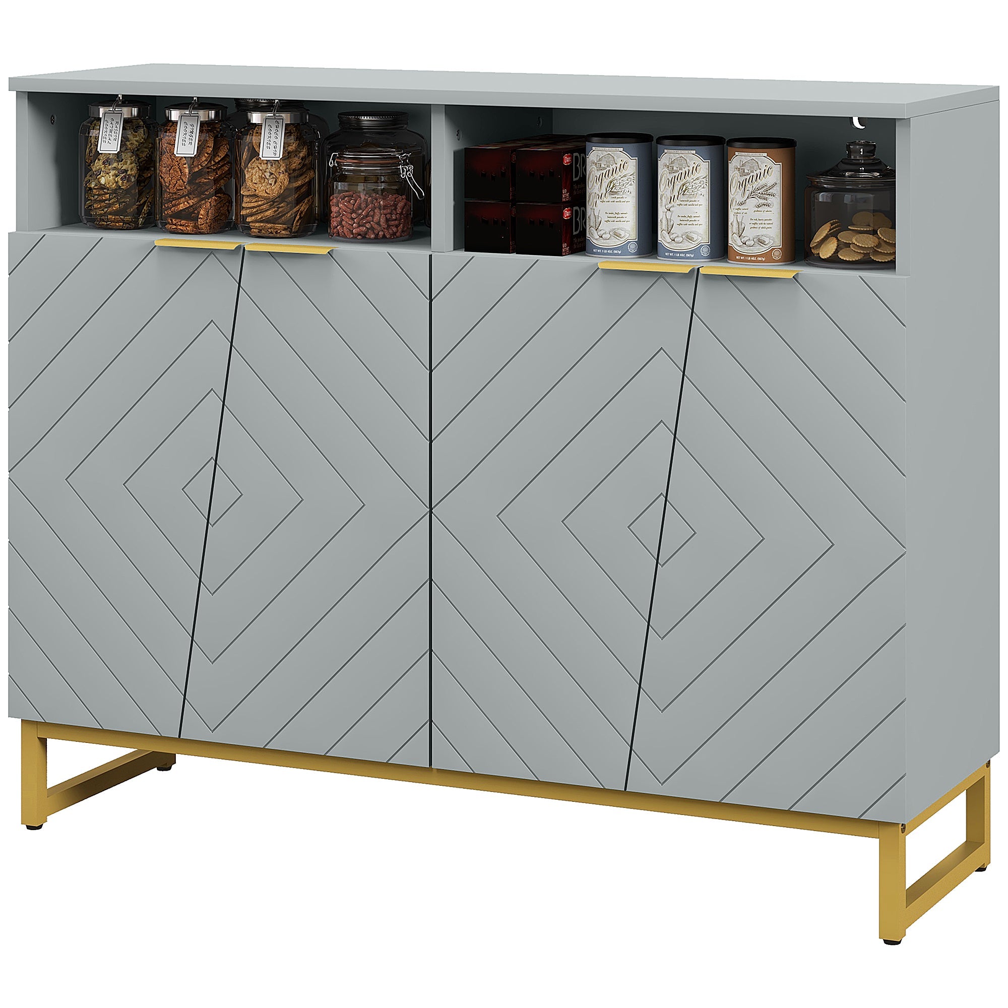 HOMCOM Grey Metal Base Accent Cabinet: Sideboard Bar Cabinet with 4 Doors and Adjustable Shelves for Living Room, Hallway