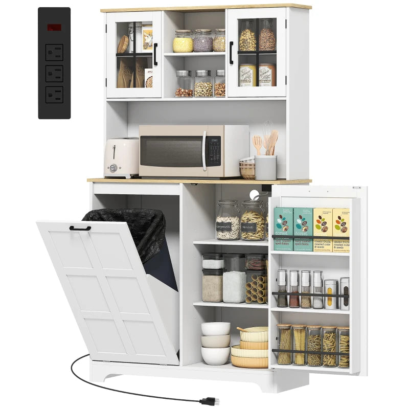 Kitchen Pantry Cabinet with Charging Station, 7 Gallon Trash Can Cabinet, Adjustable Shelves and Acrylic Doors, Multifunctional Cabinet, White