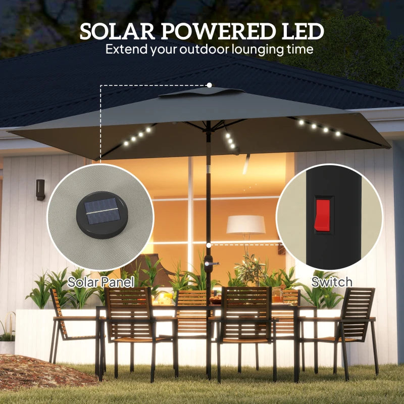 Patio Umbrella with 22 LED Solar Lights and Tilt, Light Grey
