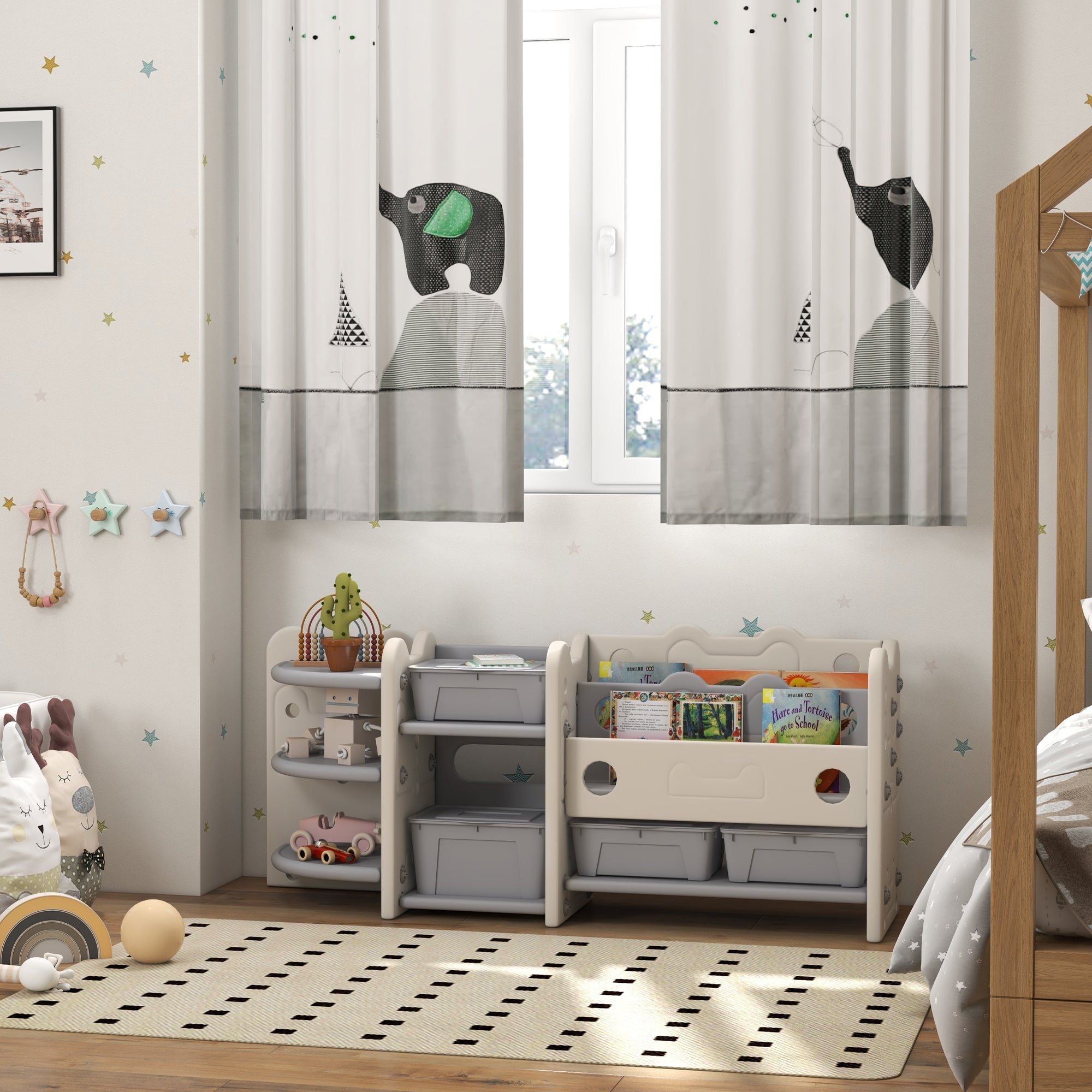 Qaba Toy Storage Organizer with 4 Storage Boxes, Bookshelves, Storage Racks, for Nursery, Kids Room, Playroom, Cream White