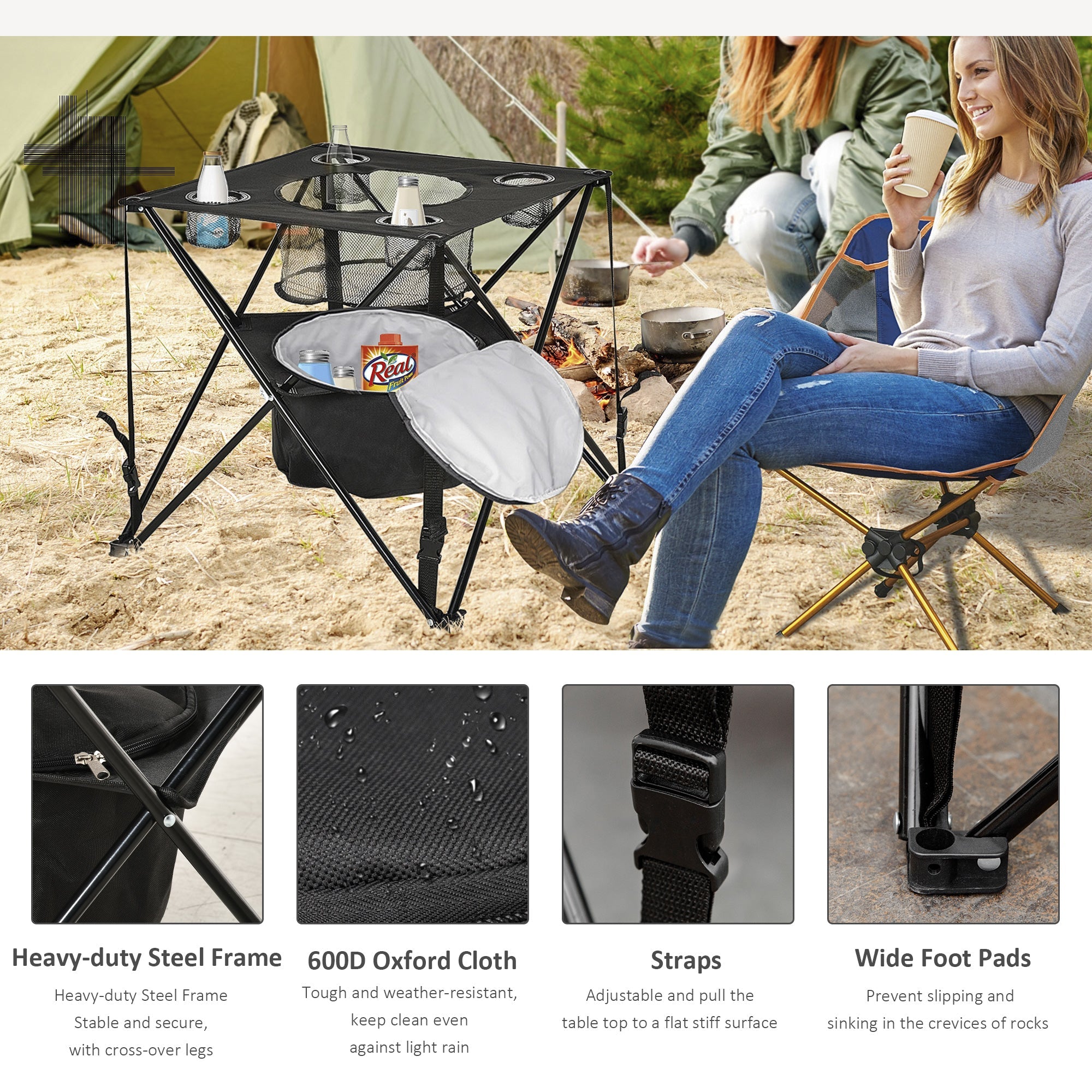 Outsunny Portable Folding Camping Table 22 Picnic Table with Cooler Holders Carry Bag for Travel Hiking Fishing Beach