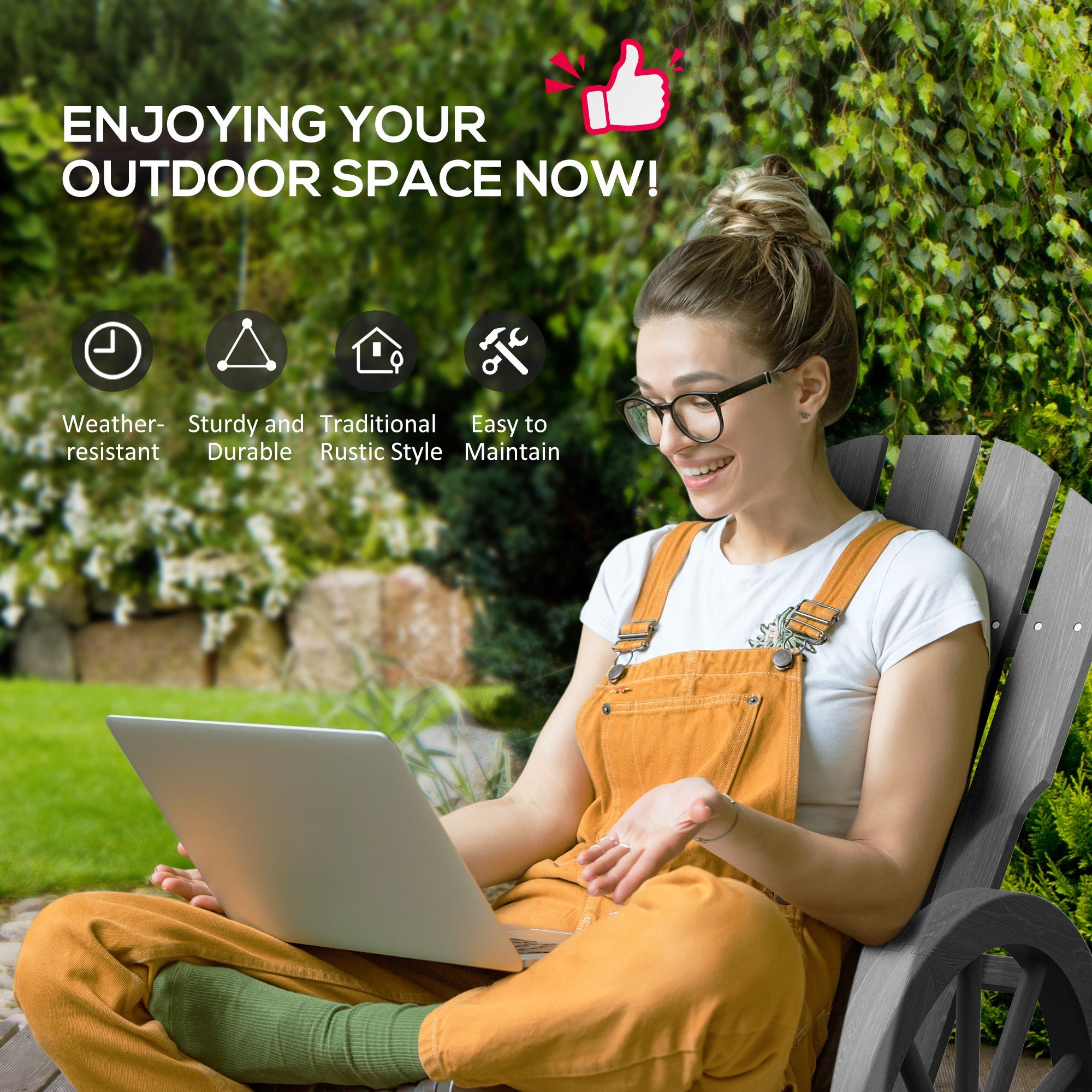 Outsunny Patio Wooden Rocking Chair, Wagon Outdoor Rocker Chair with Slatted Design and Wheel Armrests for Garden, Grey