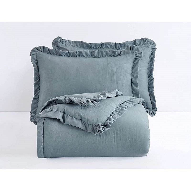 Full Size Blue Stone Washed Ruffled Edge Microfiber 3-Piece Comforter Set - Free Shipping