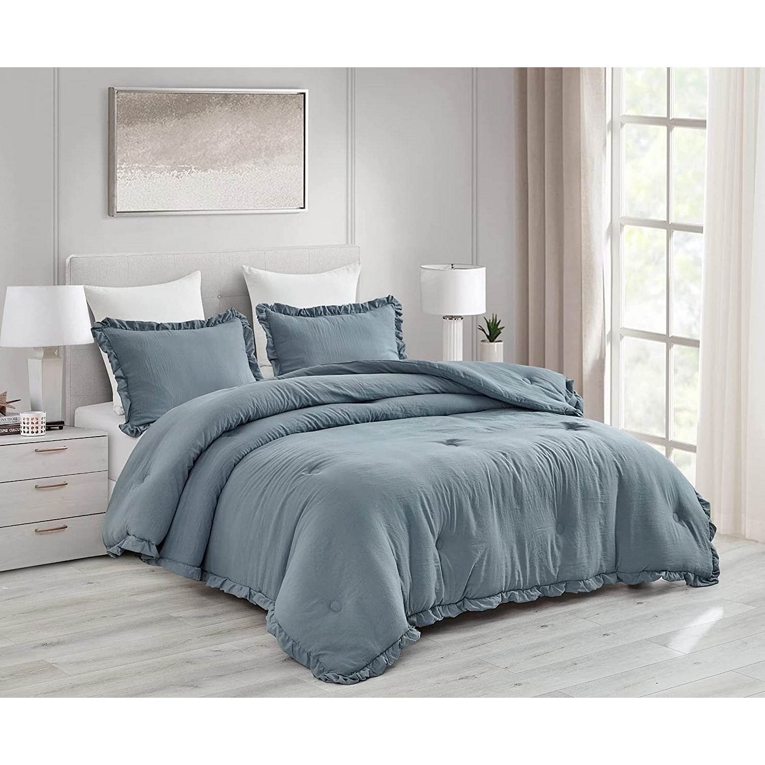 King Oversized Blue Ruffled Edge Microfiber Comforter Set - Free Shipping