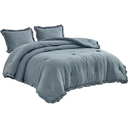 Queen Oversized Blue Ruffled Edge Microfiber Comforter Set - Free Shipping